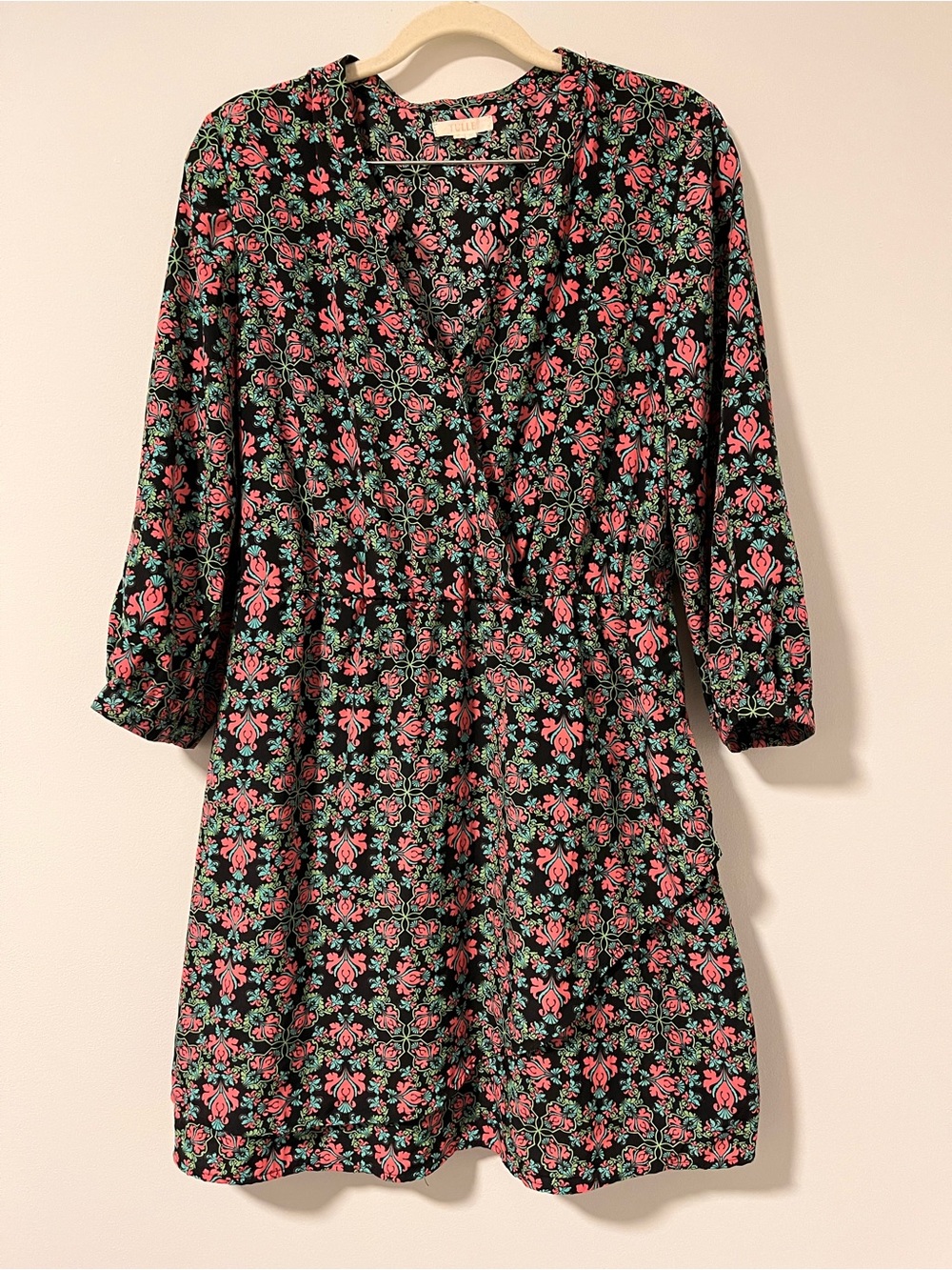 Tulle Black V-Neck Dress with Vibrant Pink & Green Print NWOT